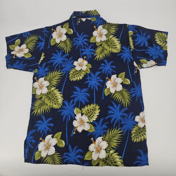 Vintage Blue Hibiscus Hawaiian Aloha Shirt Men's Size L 3504 - Picture 2 of 6